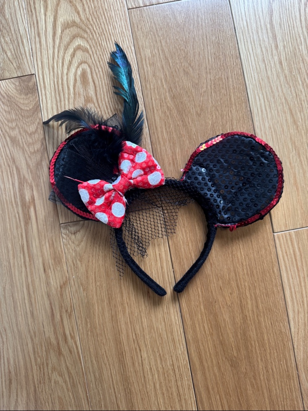 Disney Black Sequin Minnie Mouse Ears Headband with Red Polka Dot Bow